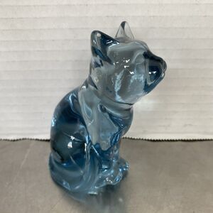 Fenton Art Glass Sitting Cat Figurine Light Blue Glass Paper Label Signed USA 4"
